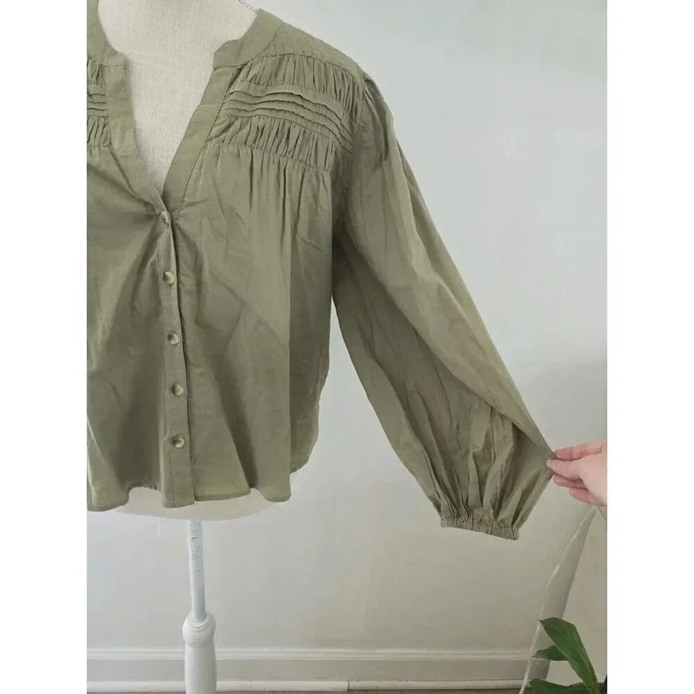 Cleobella River Pintuck Cotton Puff Sleeves Button Up Olive Green Blouse Top S - Picture 6 of 10